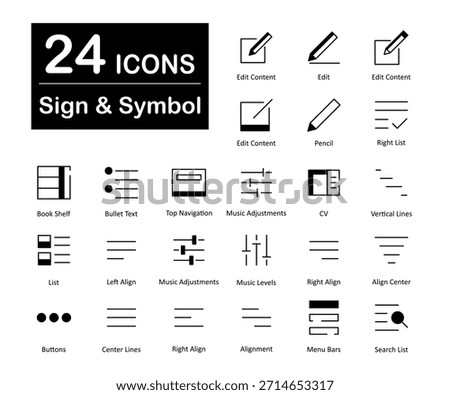 A set of 24 sign icons as edit content, edit, pencil