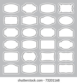 Set of 24 simple vintage labels, vector illustration. Blank frames of various shapes. Elegant black and white background. Simple retro elements for your design.