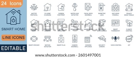 A set of 24 smart home line icons, including biometric locks, AI facial recognition, IoT security, smart thermostats, and more. Perfect for home automation apps, websites, and security projects.