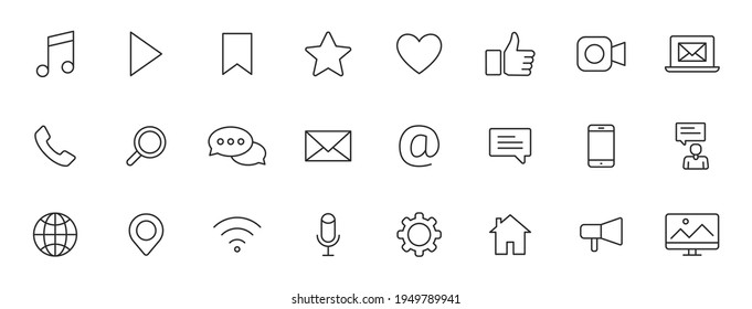 Set of 24 Social Media web icons in line style. Contact, digital, social networks, technology, website. Vector illustration.