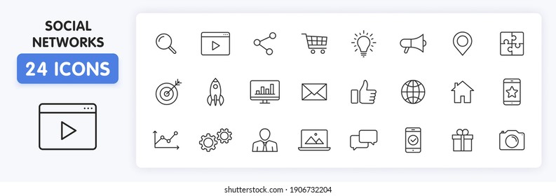 Set of 24 Social Networks web icons in line style. Marketing, feedback, management, target, like, content. Vector illustration.