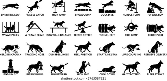 Set of 24 solid black vector icons depicting dog agility exercises and competition events. Includes equipment like jumps, tunnels, weave poles, and contact obstacles. Ideal for pet training apps, veterinary clinics, dog sport websites, and canine event materials.