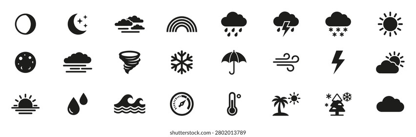 Set of 24 solid black weather icons including phases of the moon, rainbow, rain, snow, sun, tornado, umbrella, wind, lightning, sunset, water drops, waves, compass, temperature