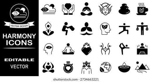 Set of 24 solid icons related to harmony. Mental relaxation, health meditate, yoga, lotus pose and more. Black vector illustration.