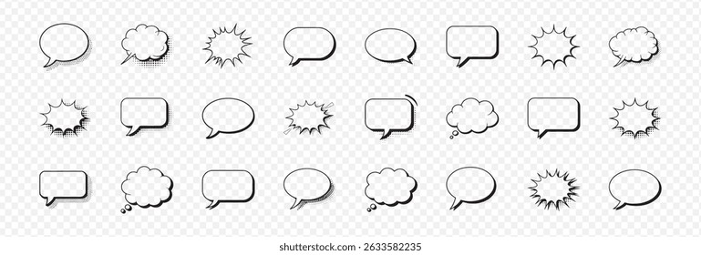 Set of 24 Speech and Thought Bubbles in Various Shapes and Designs for Comics, Manga, Graphic Novels, and Digital Artwork on Transparent Background