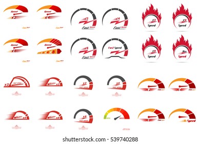 Set of 24 speedometer scales. Concept of speed and acceleration. Automobile subject. Car theme. Global communications. Vector element of graphic design.