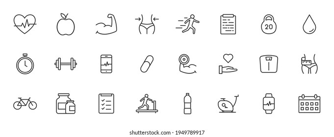 Set of 24 Sport and Fitness, healthy food web icons in line style. Soccer, nutrition, workout, teamwork. Vector illustration.