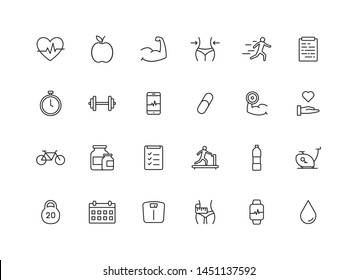 Set of 24 Sport and Fitness web icons in line style. Soccer, nutrition, workout, teamwork. Vector illustration.