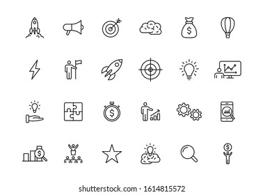 Set of 24 Start up web icons in line style. Creative, idea, target, innovation, business, marketing. Vector illustration.