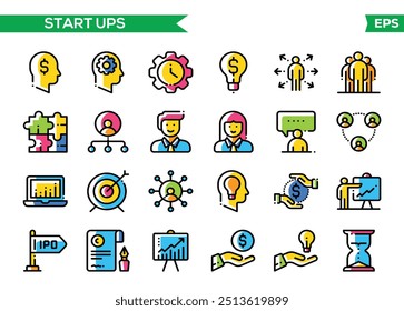 Conjunto de 24 iconos web de inicio en estilo de línea. Creativo, idea, target, innovación, negocio, marketing. Ilustración vectorial