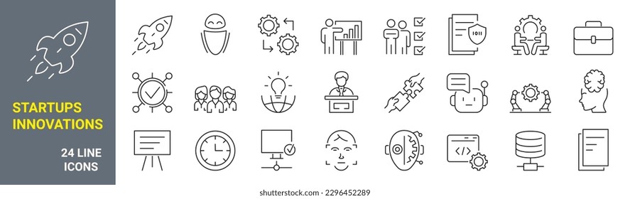 Set of 24 Startups innovations icons. Innovation team management. Editable stroke.