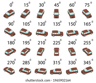 A set of 24 station wagon car from different angles. Animation of the rotation of a brown car by 15 degrees. 