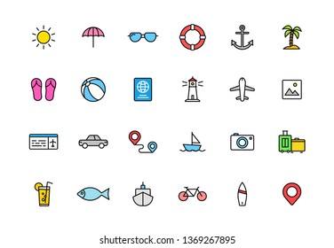Set of 24 Summer and Holiday web icons in line style. Web and mobile icon. tourism, travel, holiday. Vector illustration.