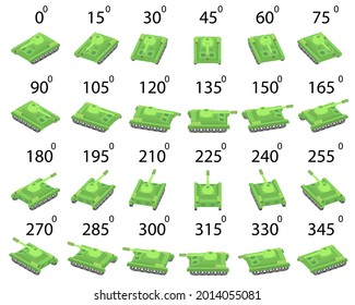 A set of 24 tanks for video games in isometric view. Animation of the rotation of a green tank by 15 degrees. 