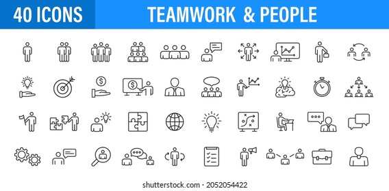 Set of 24 Teamwork icons in line style. Team Work, people, support, business. Vector illustration
