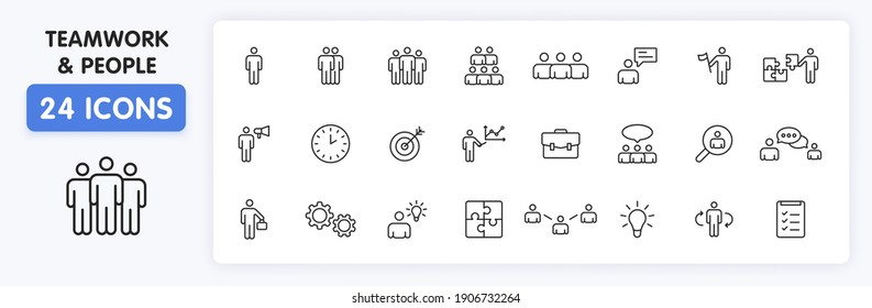 Set von 24 Teamwork Web-Icons in Linie Stil. Teamarbeit, Menschen, Support, Business. Vektorgrafik.