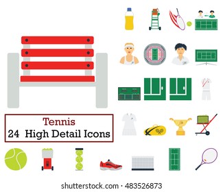 Set of 24 Tennis Icons. Flat color design. Vector illustration.