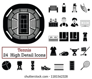Set of 24 Tennis Icons. Monochrome color design. Vector illustration.