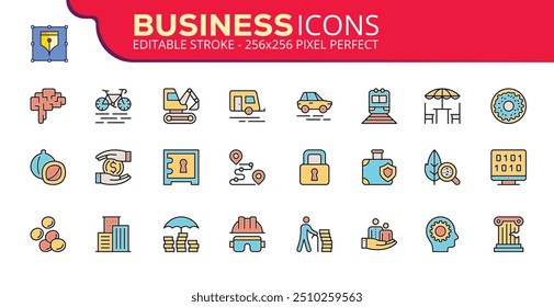 Set von 24 dünnen Linie Icons verwandten Team, Teamarbeit, Mitarbeiter, Zusammenarbeit. Lineare Business einfache Symbolsammlung. Vektorgrafik. Bearbeitbarer Strich