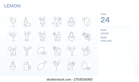 Set of 24 Thin Line icons themed around Lemon, crafted for seamless integration in apps and websites.