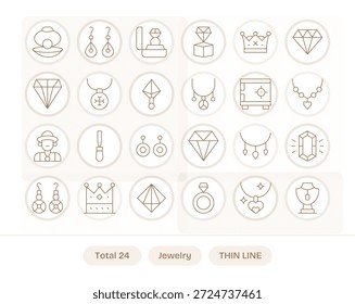 Conjunto de 24 íconos de línea delgada tematizados en torno a la joyería, hechos a mano para una integración perfecta en App y Sitios web.