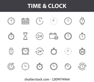 Set of 24 Time and clock web icons in line style. Timer, Speed, Alarm, Calendar. Vector illustration