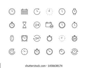 Set Of 24 Time And Clock Web Icons In Line Style. Timer, Speed, Alarm, Calendar. Vector Illustration.