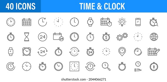 Set of 24 Time and clock web icons in line style. Timer, Speed, Alarm, Calendar. Vector illustration.
