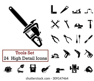 Set of 24 Tools Icons in Black Color.  Suitable For All Kind of Design (Web Page, Interface, Advertising, Polygraph and Other). Vector Illustration. 