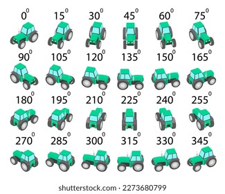 A set of 24 tractors from different angles. Rotation of the cab tractor by 15 degrees for animation and video games.