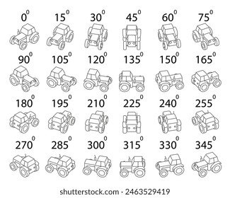 Un conjunto de 24 tractores en contorno desde diferentes ángulos. Video Gire la cabina del tractor 15 grados en un contorno para la animación y
