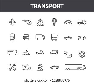 Set of 24 Transport web icons in line style. Train, Airplane, car, bus, helicopter, bike Vector illustration