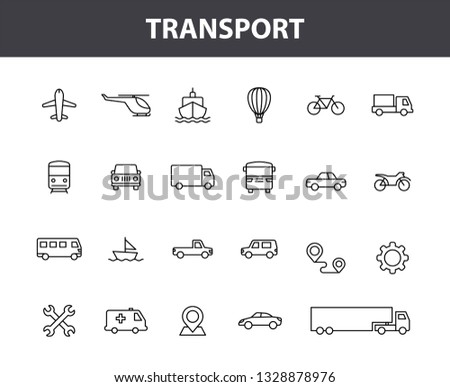 Set of 24 Transport web icons in line style. Train, Airplane, car, bus, helicopter, bike Vector illustration