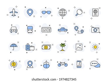 Set of 24 Travel and Holiday web icons in line style. Transport, Luggage, food, navigation, holiday. Vector illustration.