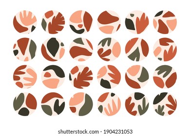 A set of 24 trendy vector stories highlight covers in pink, brown, beige and pink colors with abstract floral shapes. Minimalist modern boho social media round icons for bloggers and influencers