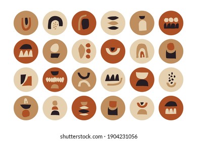 A set of 24 trendy vector stories highlight covers in black, brown, beige and cream colors with abstract geometric shapes. Minimalist modern boho social media round icons for bloggers and influencers 