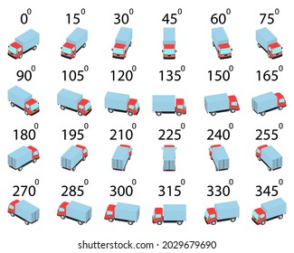 A set of 24 trucks from different angles. Rotation of the lorry by 15 degrees for animation and video games.  