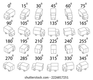 A set of 24 trucks from different angles. Rotation of the truck in outline by 15 degrees for animation.  