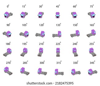 Set of 24 trucks without semi-trailer from different angles. Rotation of the tractor unit by 15 degrees for animation and video games.  