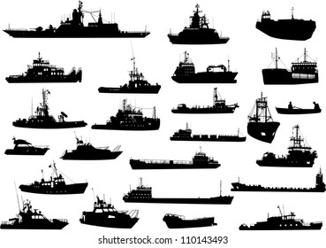 Set of 24 (twenty four) silhouettes of sea yachts, towboat, battleship and ships