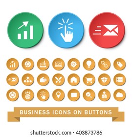 Set of 24 Universal Business & SEO Icons on Circular Buttons on White Background. Isolated Elements.