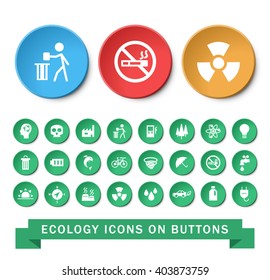 Set of 24 Universal Ecology Icons on Circular Buttons on White Background. Isolated Elements.