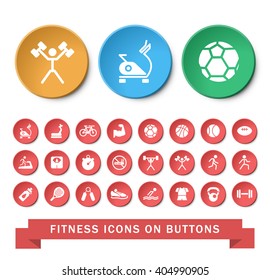 Set of 24 Universal Fitness Icons on Circular Buttons on White Background. Isolated Elements.