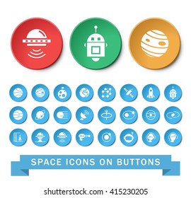 Set of 24 Universal Space Icons on Circular Buttons on White Background. Isolated Elements.