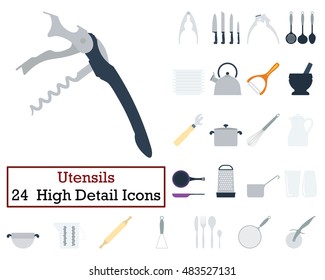 Set of 24 Utensils Icons. Flat color design. Vector illustration.