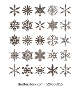 Un conjunto de 24 copos de nieve azules vectoriales sobre un fondo blanco. Piedras de nieve para el diseño invernal. Ilustración vectorial.