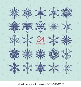 A set of 24 vector blue snowflakes on a white background. Snowflake set for winter design. Vector illustration.