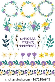 Set of 24 vector design elements: 3 wreaths, 4 compositions, 15 floral elements, 2 borders. Vector illustration isolated on white background