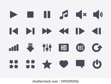 Conjunto de 24 iconos vectoriales para una interfaz de reproductor de medios.