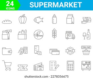 conjunto de 24 iconos de línea vectorial supermercado. Compras en línea. comercio electrónico